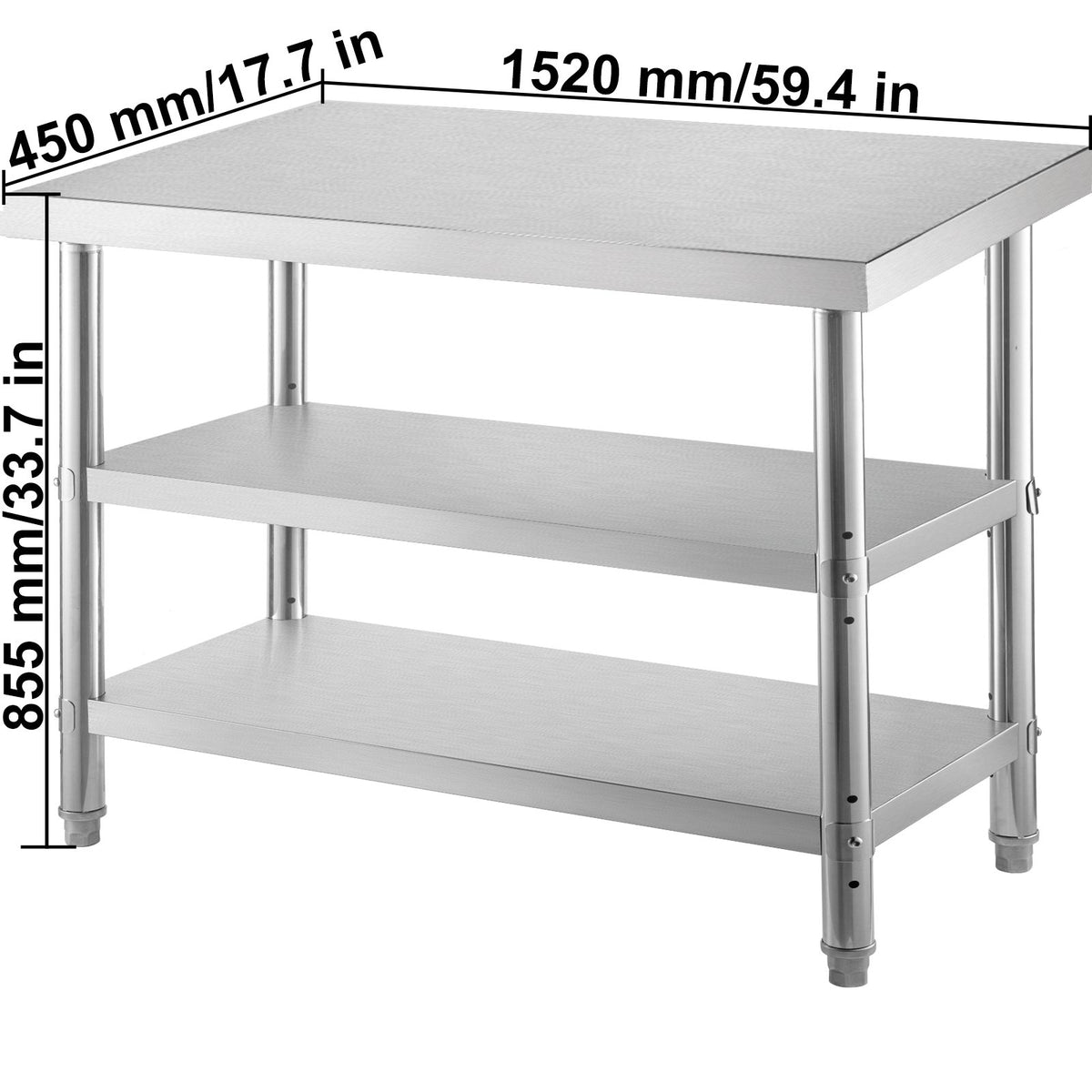 Stainless Steel Prep Table 1520x450x855mm | Commercial Kitchen Work Table with 2 Adjustable Undershelves | Heavy Duty BBQ Prep Table for Garage, Home, Warehouse | Silver