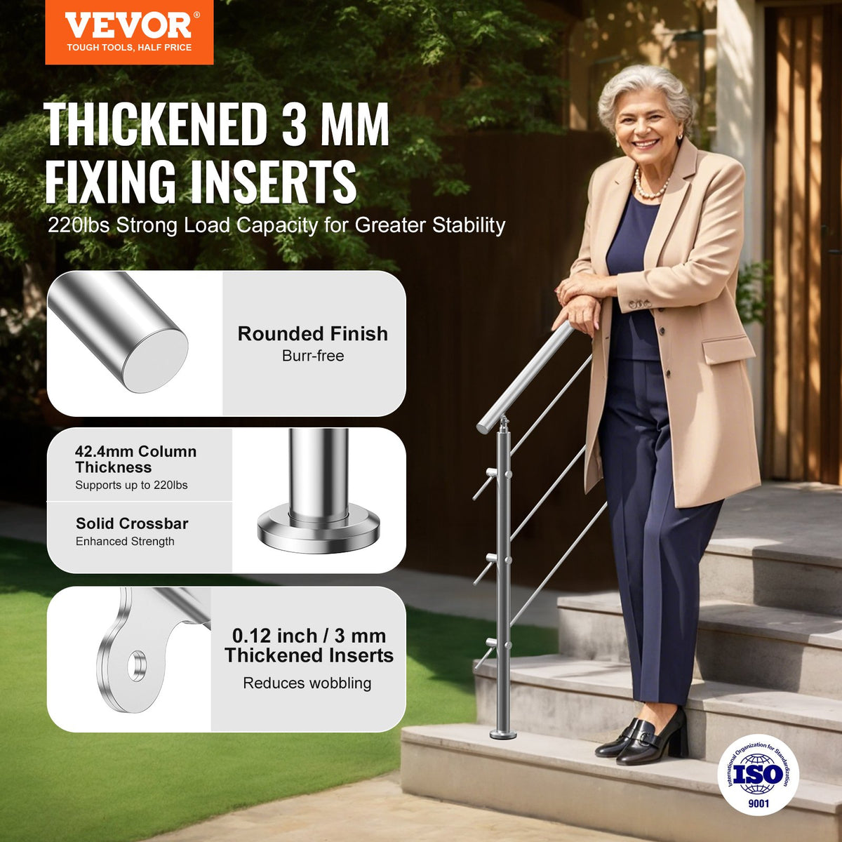 Handrails for Outdoor Steps 47.2" | 3 Crossbars | Porch & Deck Stair Railing