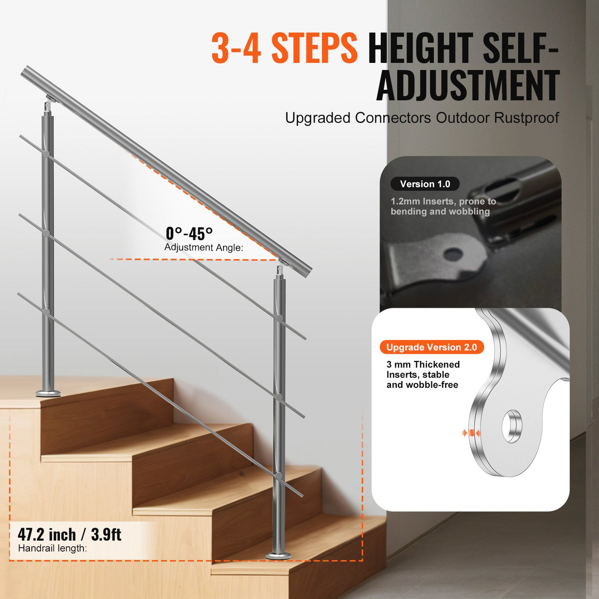 Handrails for Outdoor Steps 47.2" | 3 Crossbars | Porch & Deck Stair Railing