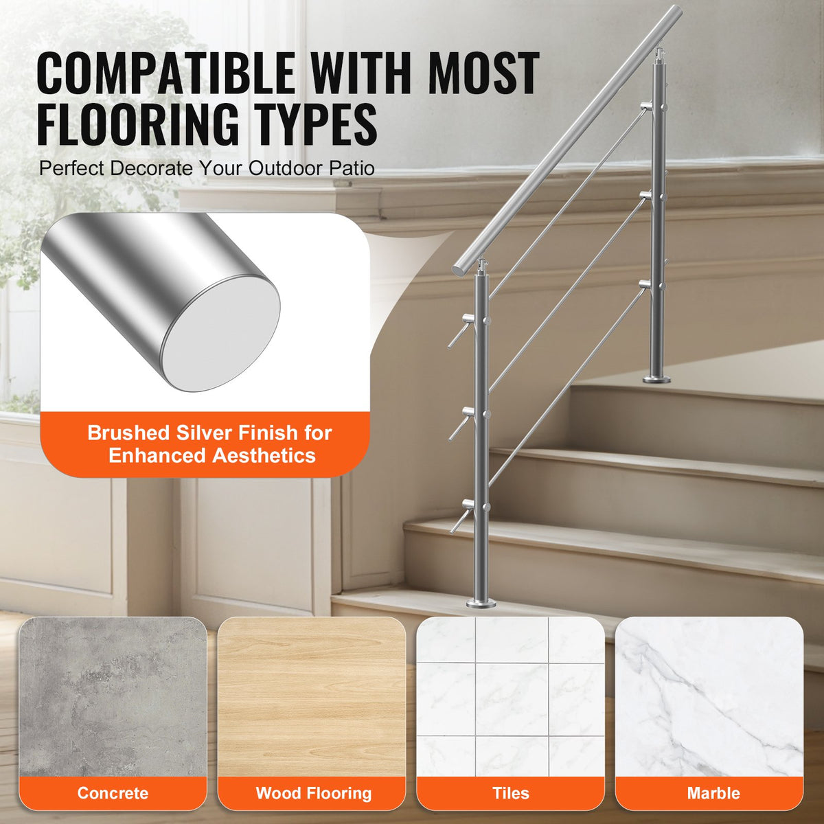 Handrails for Outdoor Steps 47.2" | 3 Crossbars | Porch & Deck Stair Railing