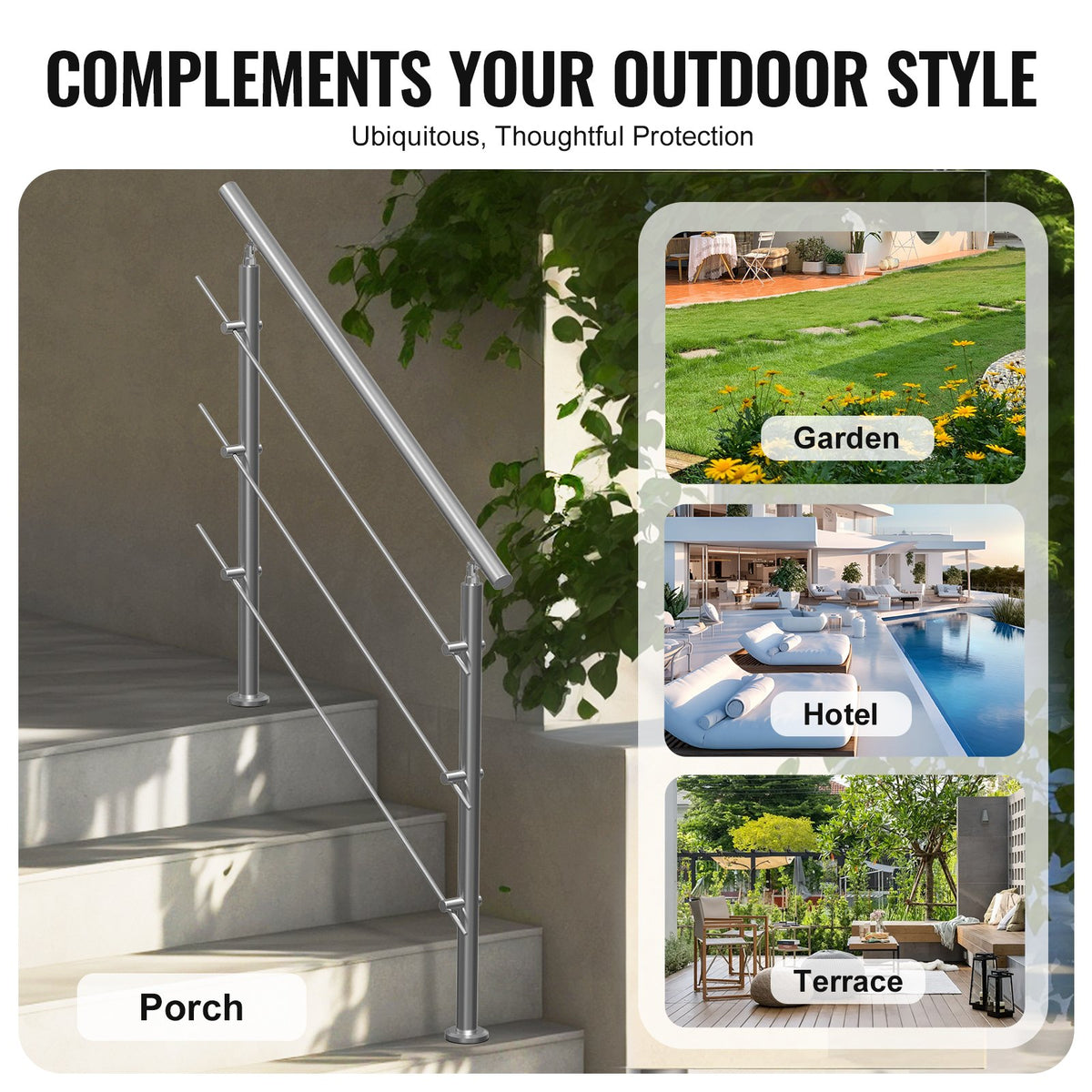 Handrails for Outdoor Steps 47.2" | 3 Crossbars | Porch & Deck Stair Railing