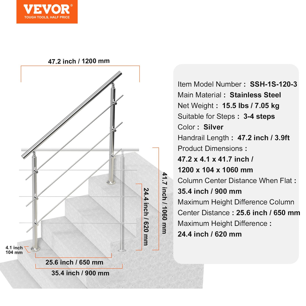 Handrails for Outdoor Steps 47.2" | 3 Crossbars | Porch & Deck Stair Railing