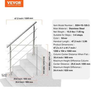 Handrails for Outdoor Steps 47.2" | 3 Crossbars | Porch & Deck Stair Railing