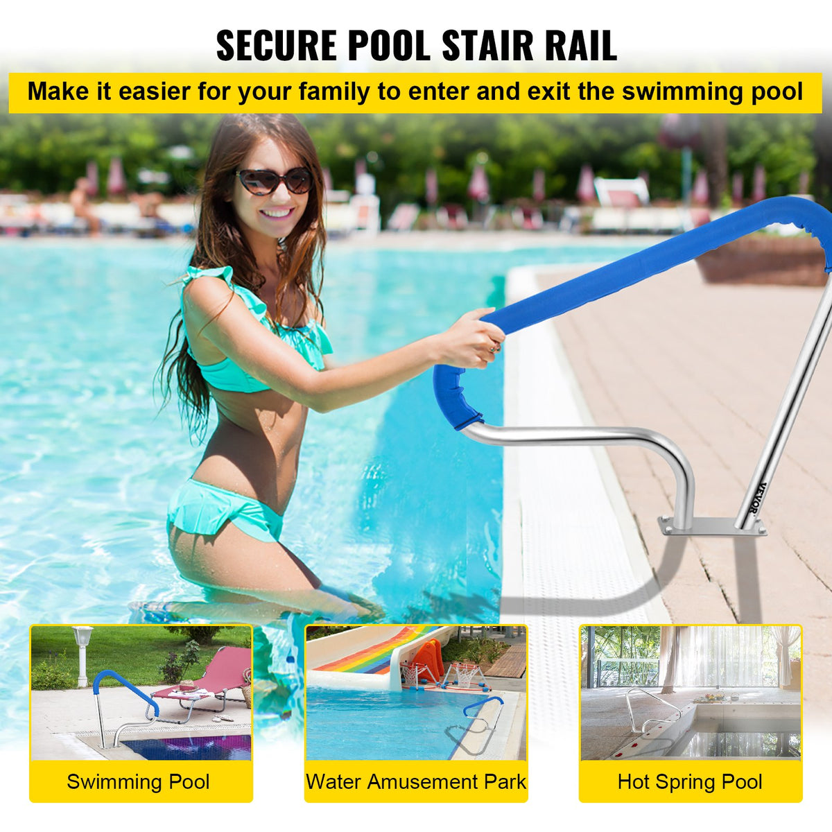 Pool Rail 39x32cm | 304 Stainless Steel Swimming Pool Handrail | 250lbs Capacity | Silver with Blue Grip Cover & Install Kit