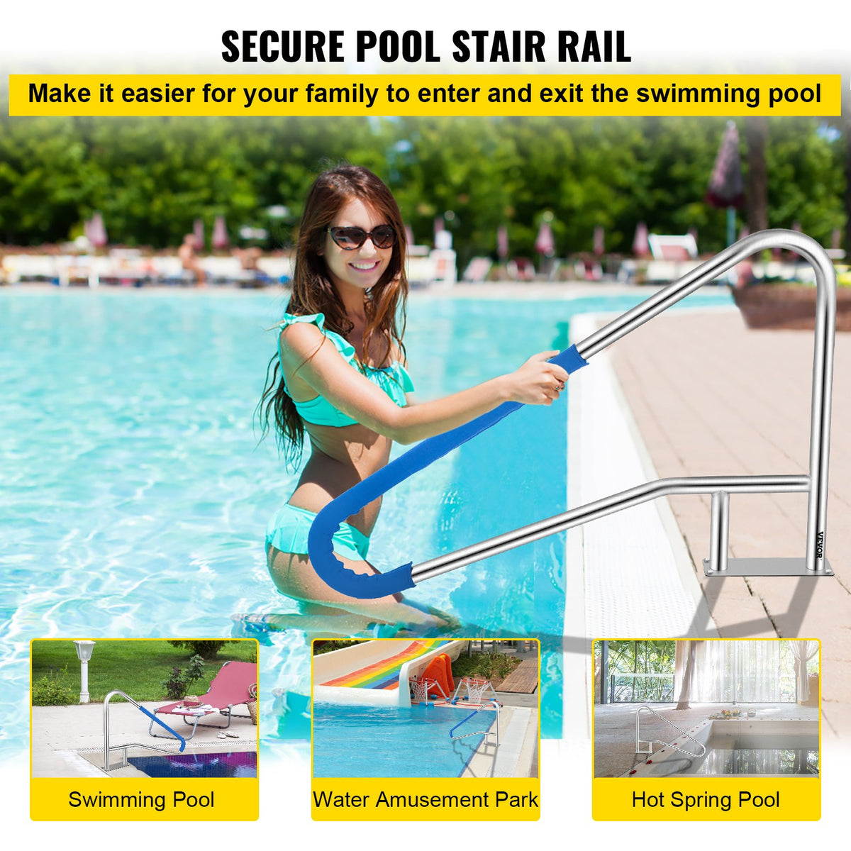 Pool Rail 54x36cm | 304 Stainless Steel Swimming Pool Handrail | 250lbs Capacity | Silver with Blue Grip Cover & Install Kit