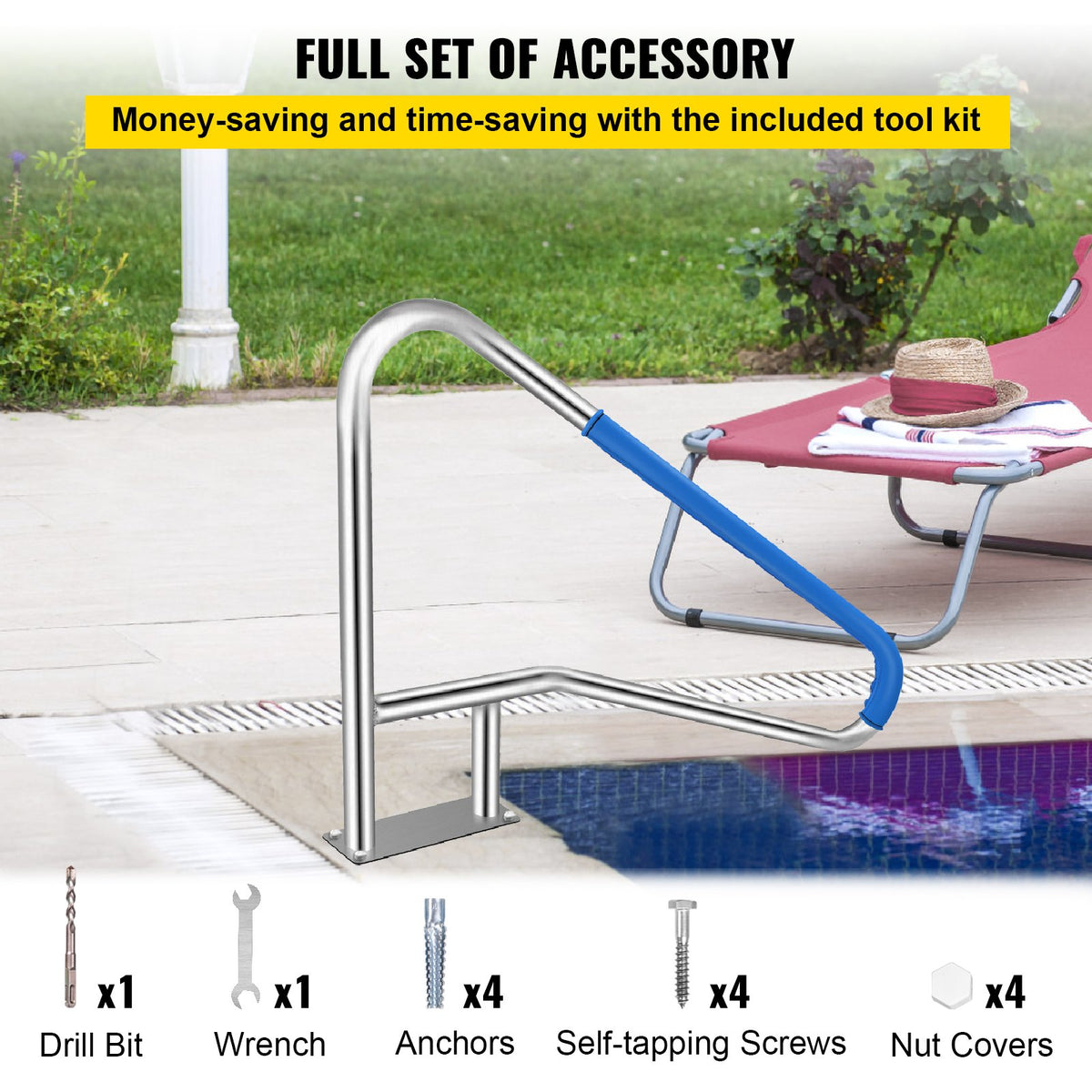 Pool Rail 54x36cm | 304 Stainless Steel Swimming Pool Handrail | 250lbs Capacity | Silver with Blue Grip Cover & Install Kit