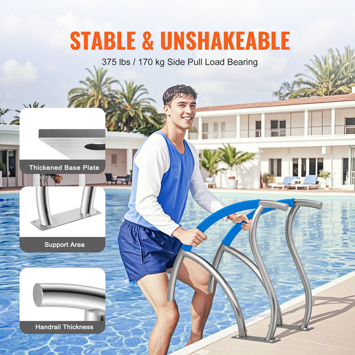 Pool Handrail 2-Pack | 30x30" Stainless Steel Spa Rails with Base Plate