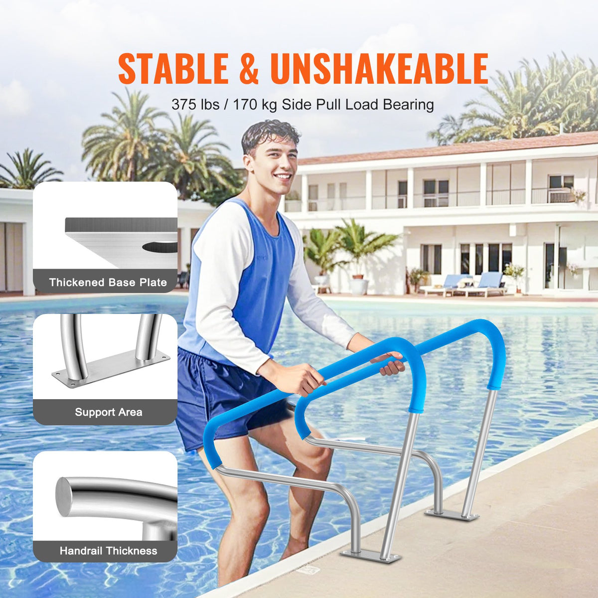 Pool Handrail 2-Pack | 48x36" Stainless Steel Spa Rails with Base Plate