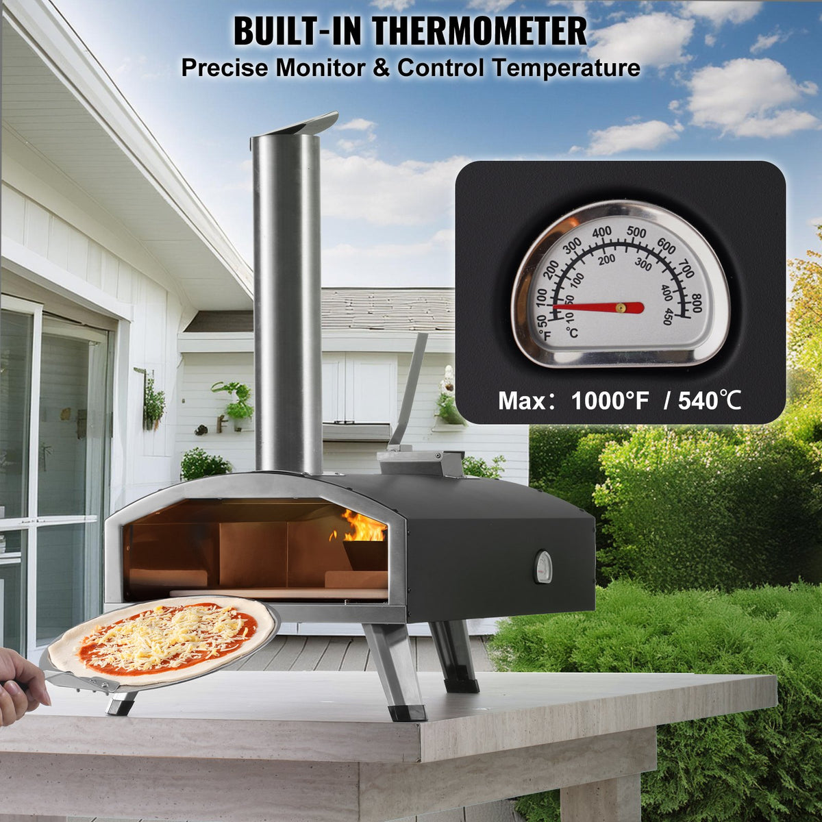 Outdoor Pizza Oven | 12" Wood-Fired Pellet Pizza Maker with Thermometer & Stone | Portable Backyard, Patio & Camping Stove