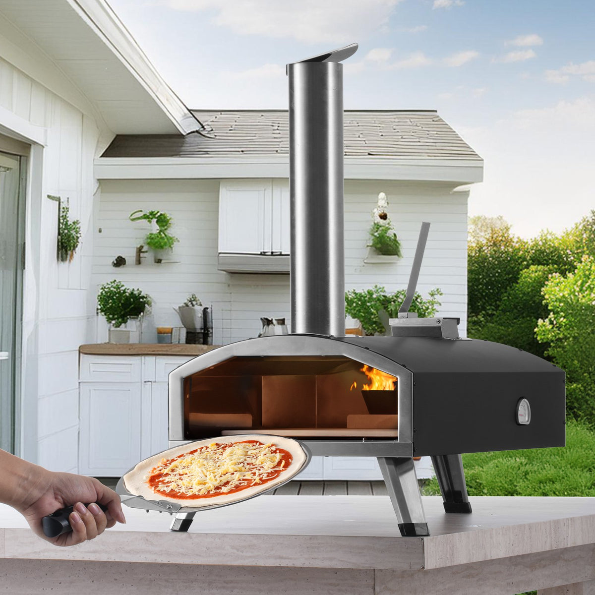 Outdoor Pizza Oven | 12" Wood-Fired Pellet Pizza Maker with Thermometer & Stone | Portable Backyard, Patio & Camping Stove