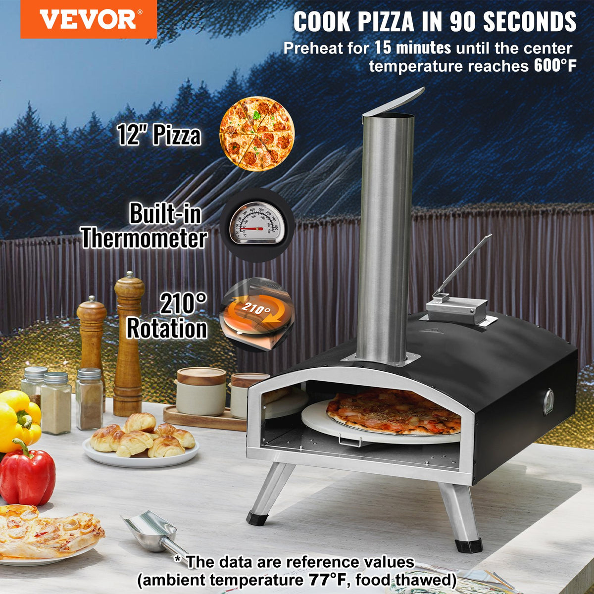 Outdoor Wood Pellet Pizza Oven 12" | Built-In Thermometer, Rotating Stone, Carry Bag & Shovel | For Backyard, Patio & Camping | Black
