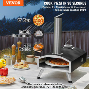 Outdoor Wood Pellet Pizza Oven 12" | Built-In Thermometer, Rotating Stone, Carry Bag & Shovel | For Backyard, Patio & Camping | Black