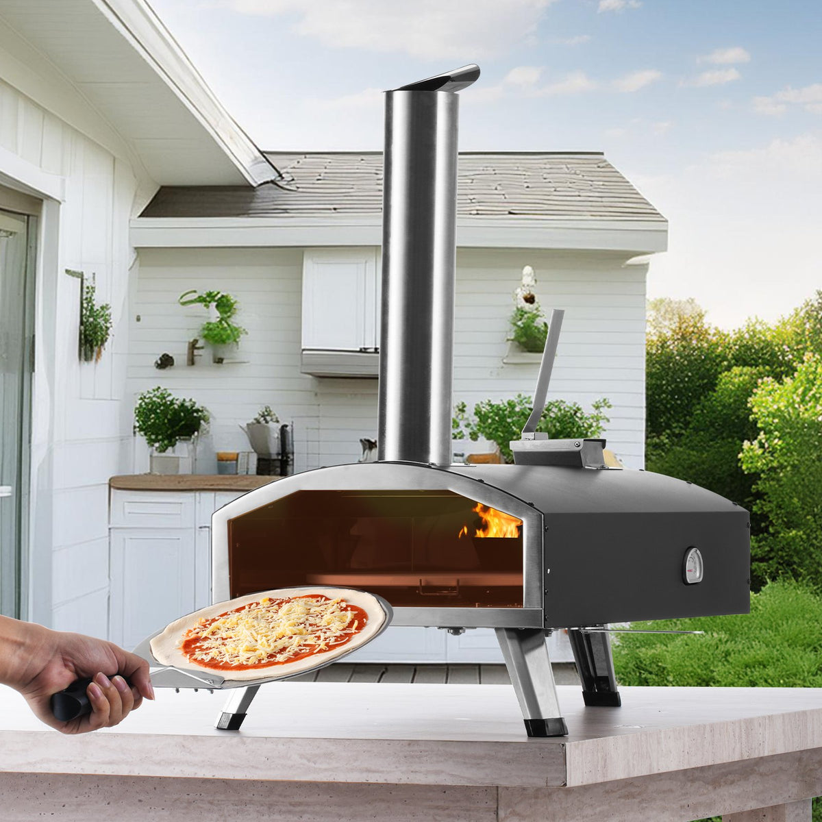 Outdoor Wood Pellet Pizza Oven 12" | Built-In Thermometer, Rotating Stone, Carry Bag & Shovel | For Backyard, Patio & Camping | Black