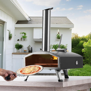 Outdoor Wood Pellet Pizza Oven 12" | Built-In Thermometer, Rotating Stone, Carry Bag & Shovel | For Backyard, Patio & Camping | Black