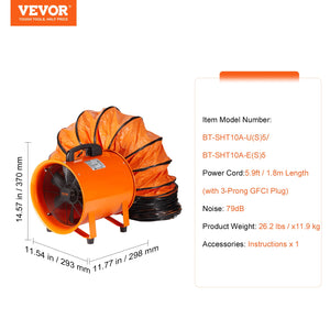 Portable Ventilator 10" | Heavy Duty Cylinder Fan with 5m Duct Hose | 1720CFM