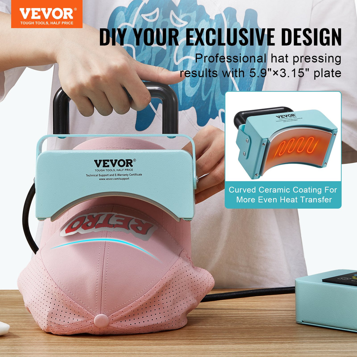 Mini Hat Heat Press | 5.9"x3.15" Plate for Caps | Green