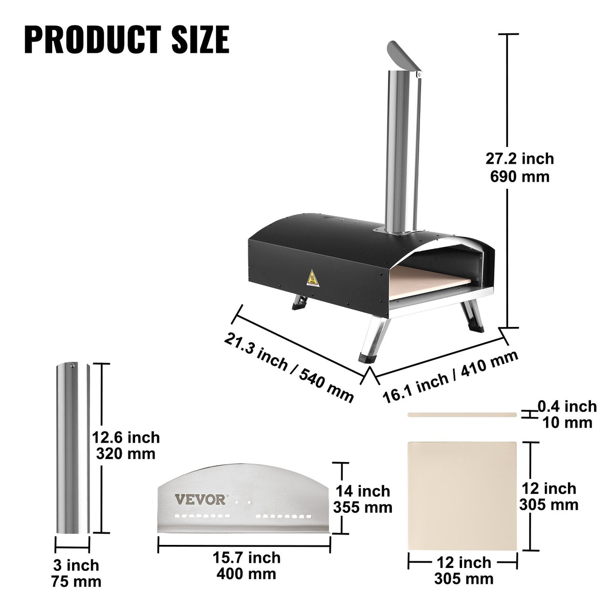 Outdoor Pizza Oven 12 Inch | Wood Pellet & Charcoal Fired Pizza Maker | Portable Stainless Steel Grill with Stone, Cover, Shovel & Wood Burner | Backyard & Camping