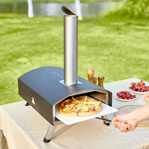 Outdoor Pizza Oven 12 Inch | Wood Pellet & Charcoal Fired Pizza Maker | Portable Stainless Steel Grill with Stone, Cover, Shovel & Wood Burner | Backyard & Camping