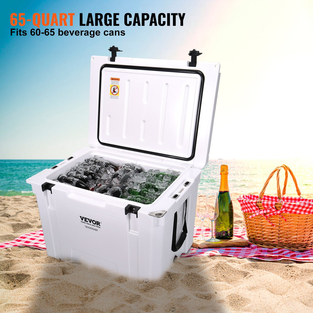 Insulated Cooler 65qt | Holds 65 Cans | Heavy Duty Ice Chest with Handle | 6-Day Ice Retention for Camping, Beach & Travel