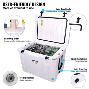 Insulated Cooler 65qt | Holds 65 Cans | Heavy Duty Ice Chest with Handle | 6-Day Ice Retention for Camping, Beach & Travel