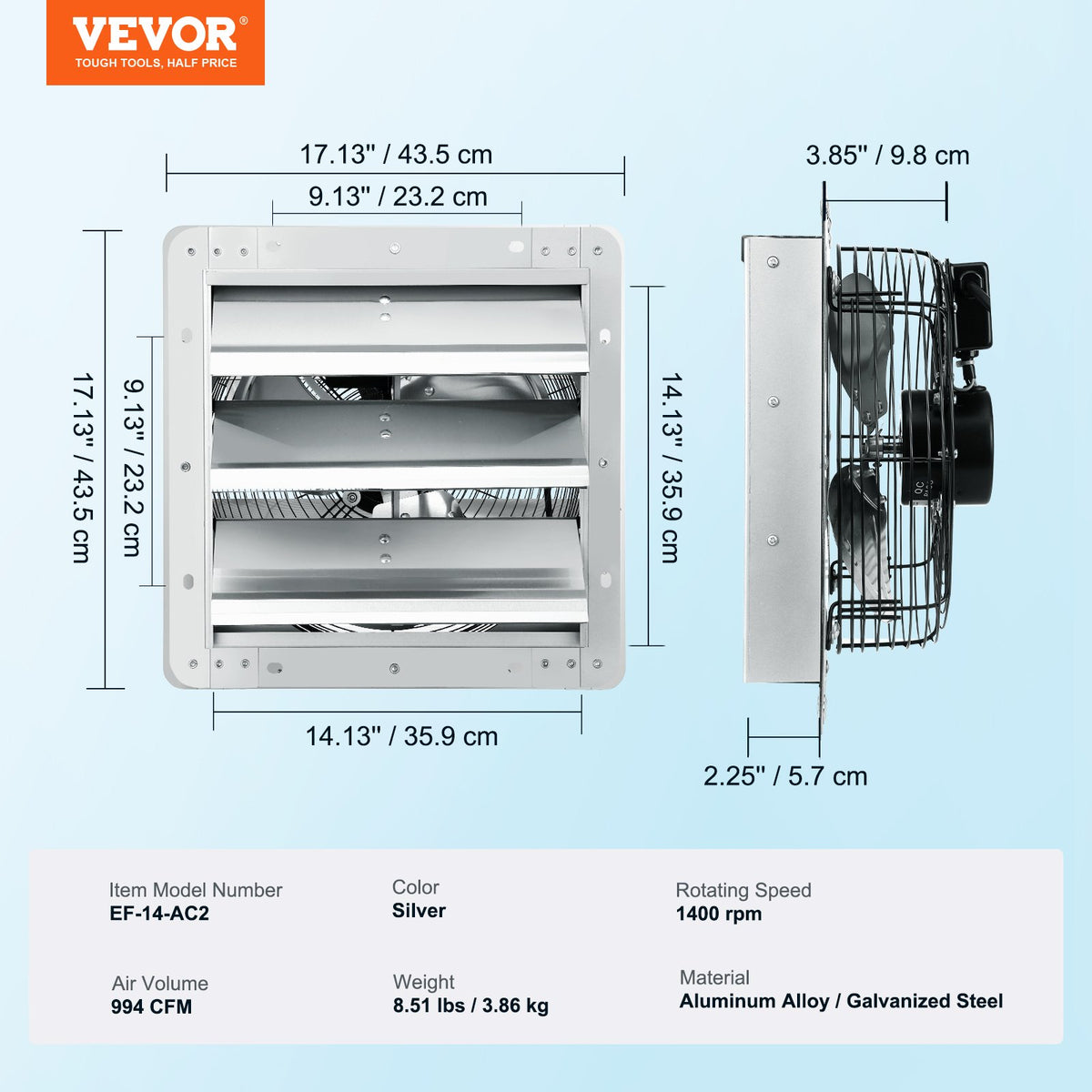 Shutter Exhaust Fan | 356mm 994 CFM Wall-Mount Attic Ventilation Fan | Aluminum High-Speed 1400 RPM