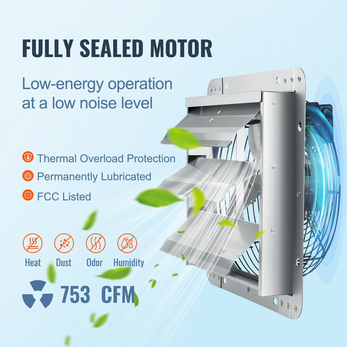 Shutter Exhaust Fan | 254mm 753 CFM Wall-Mount Ventilation Fan | Aluminum 1400 RPM AC Motor