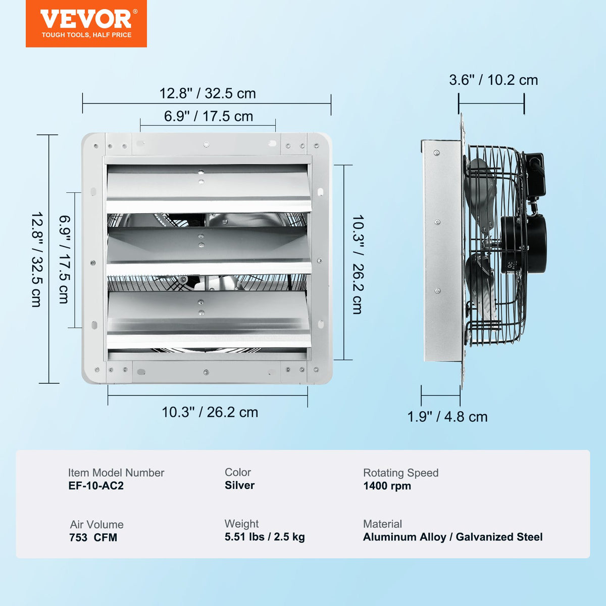 Shutter Exhaust Fan | 254mm 753 CFM Wall-Mount Ventilation Fan | Aluminum 1400 RPM AC Motor