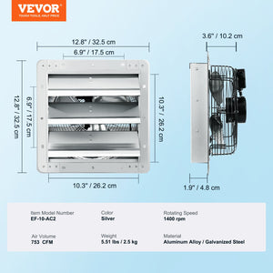 Shutter Exhaust Fan | 254mm 753 CFM Wall-Mount Ventilation Fan | Aluminum 1400 RPM AC Motor