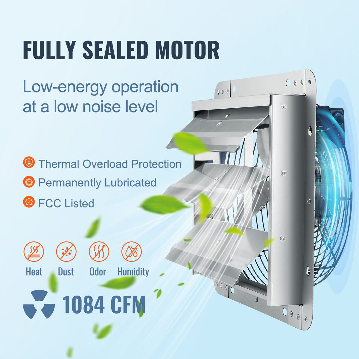 Shutter Exhaust Fan | 305mm 1084 CFM Wall-Mount Ventilation Fan | Aluminum 1400 RPM AC Motor