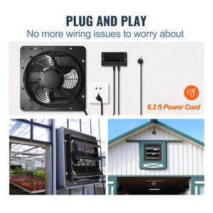 Shutter Exhaust Fan | 254mm EC-Motor Wall Vent Fan with Temp & Humidity Controller | 843 CFM Variable Speed for Greenhouse & Garage