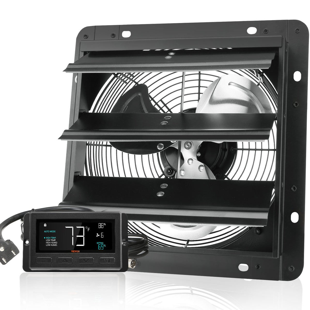 Shutter Exhaust Fan | 254mm EC-Motor Wall Vent Fan with Temp & Humidity Controller | 843 CFM Variable Speed for Greenhouse & Garage