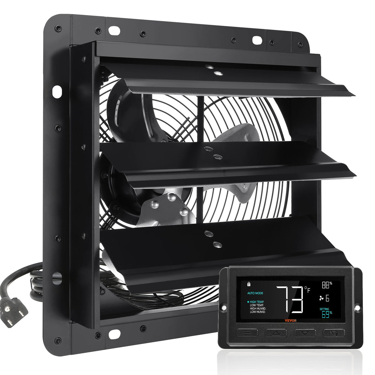 Shutter Exhaust Fan | 254mm EC-Motor Wall Vent Fan with Temp & Humidity Controller | 843 CFM Variable Speed for Greenhouse & Garage