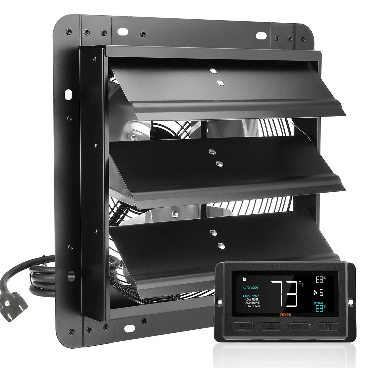 Shutter Exhaust Fan 12 Inch 305mm | Temperature & Humidity Controller | EC-Motor 904 CFM | Variable Speed Wall Mount Fan for Greenhouses, Garages & Sheds