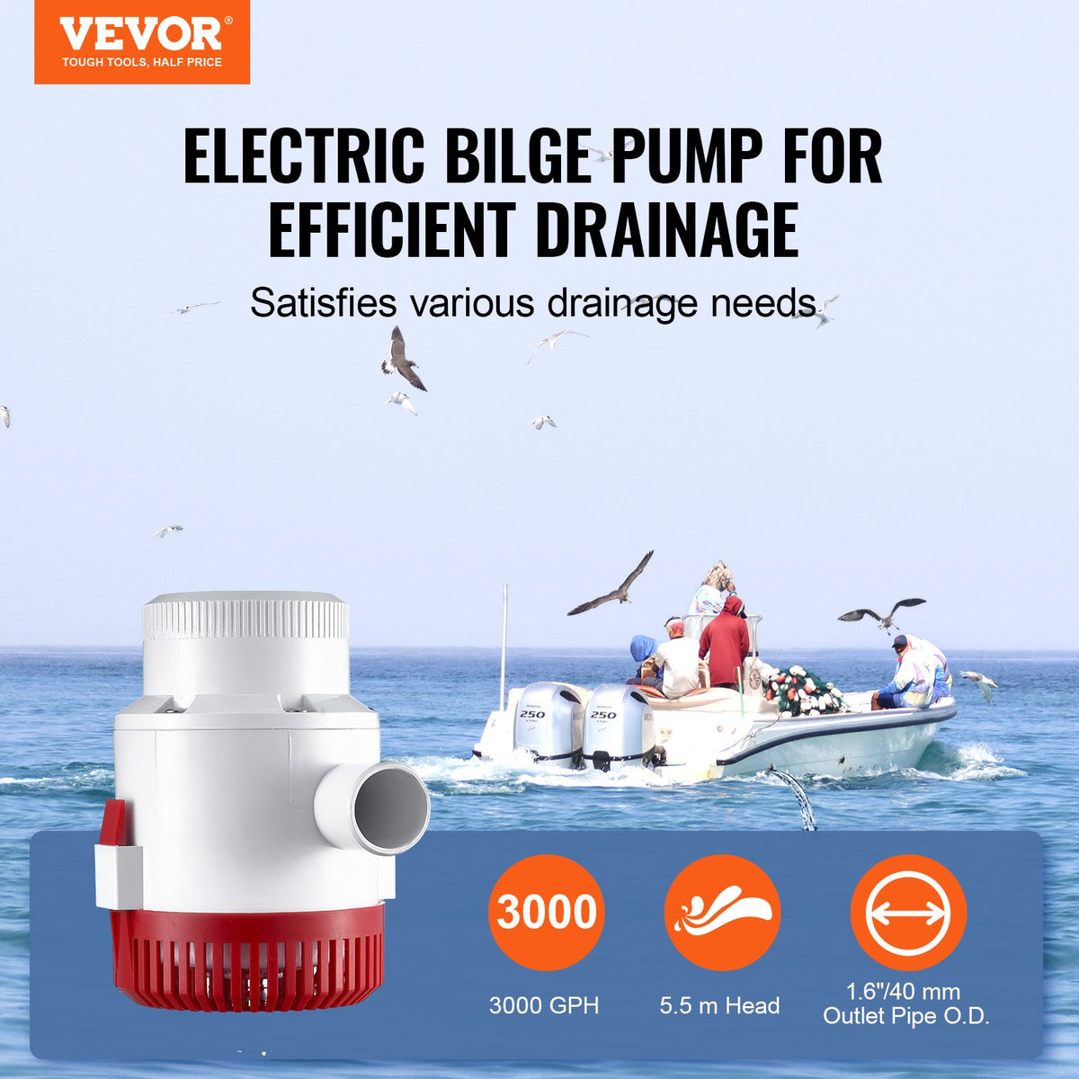 Bilge Pump 3000GPH | Automatic Submersible with Float Switch | 40mm Outlet
