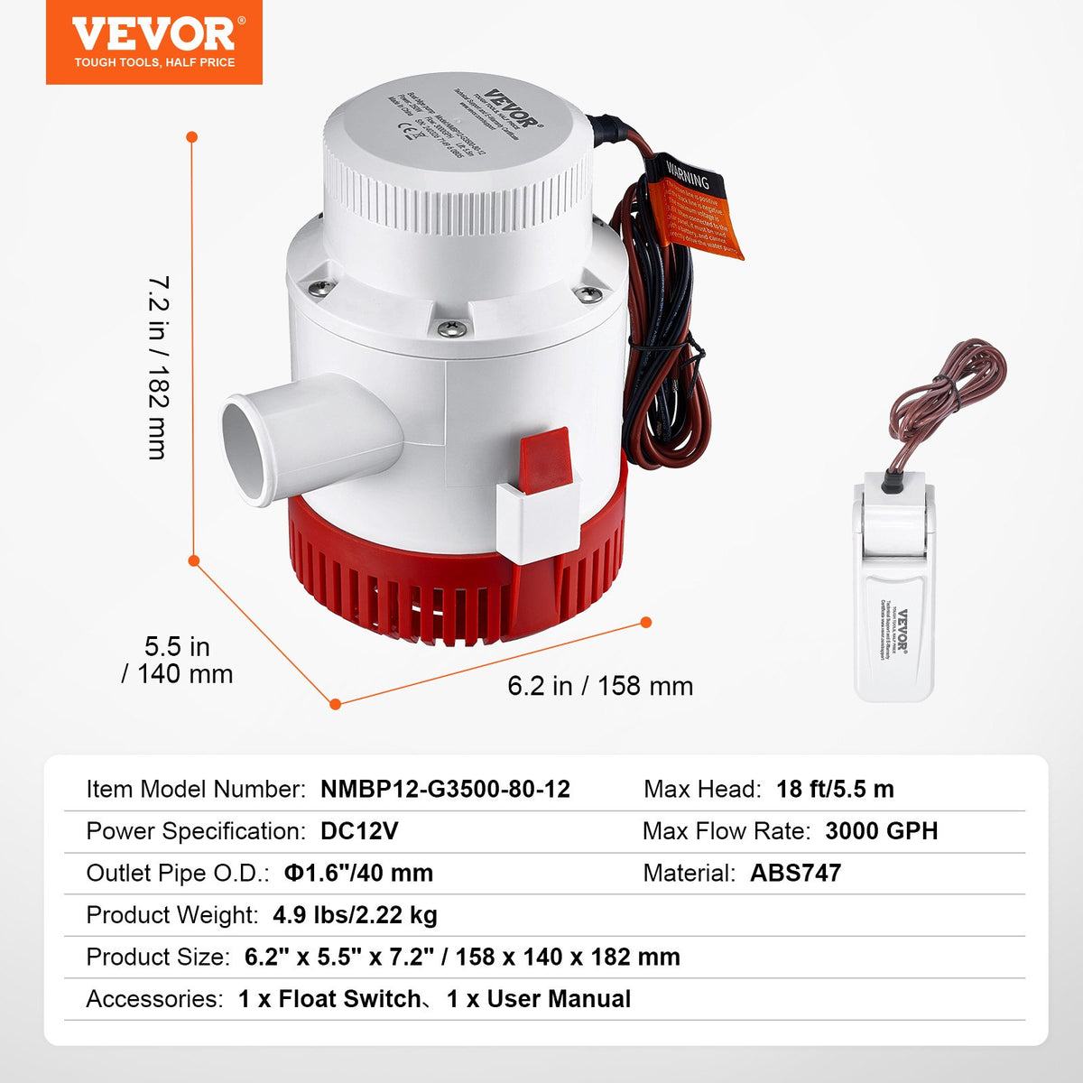 Bilge Pump 3000GPH | Automatic Submersible with Float Switch | 40mm Outlet