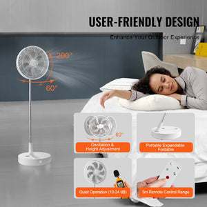 Foldable Oscillating Fan 12 Inch | 7200mAh Rechargeable Desk & Floor Fan | 4 Speeds | Remote Control & Quiet Operation