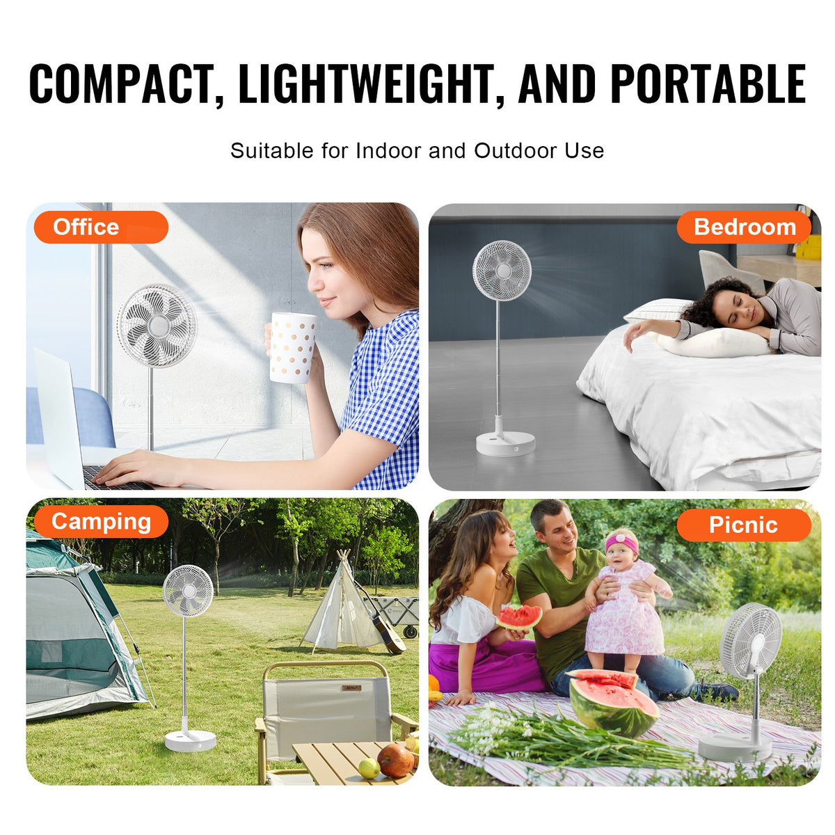 Foldable Oscillating Fan 12 Inch | 7200mAh Rechargeable Desk & Floor Fan | 4 Speeds | Remote Control & Quiet Operation