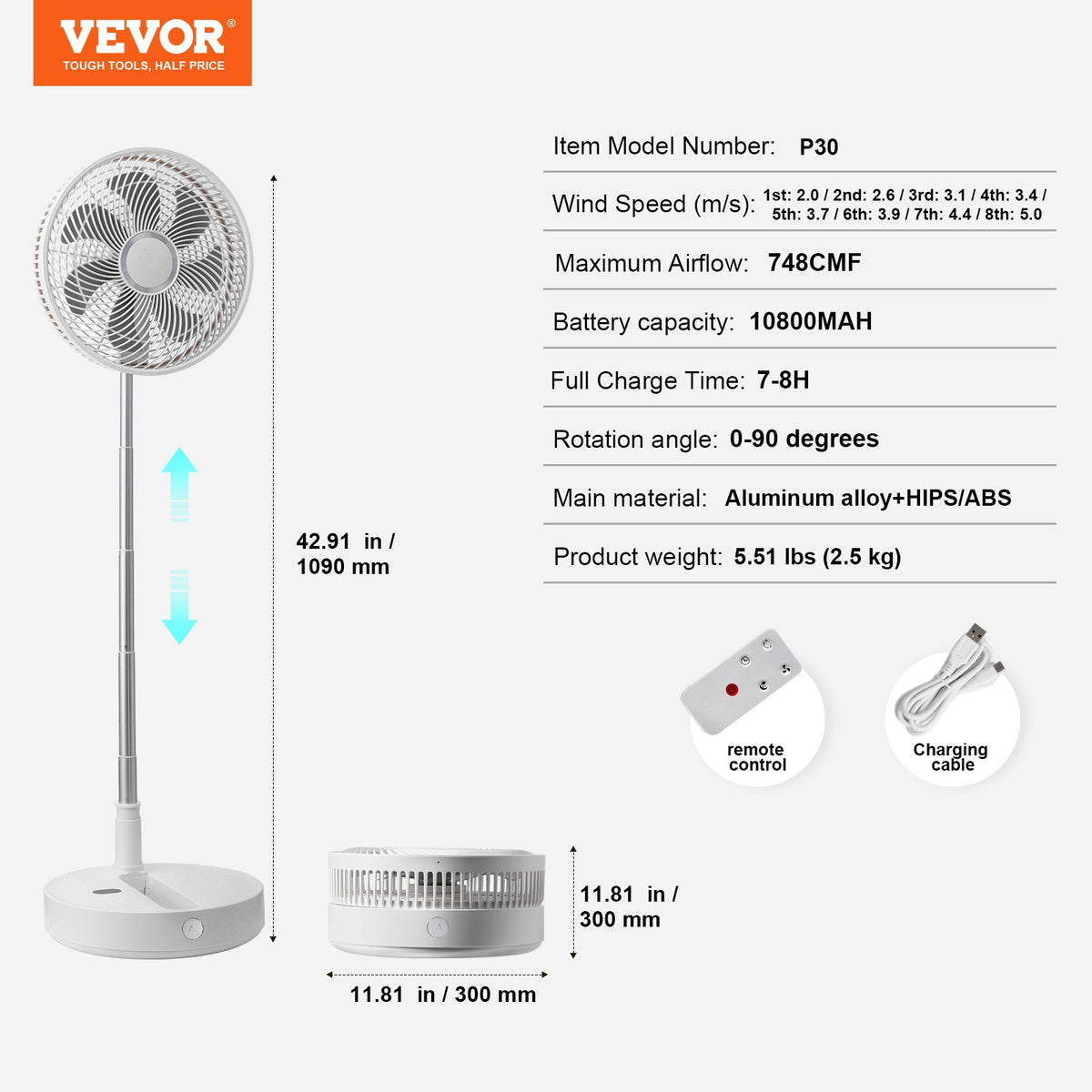 Foldable Oscillating Fan 12 Inch | 7200mAh Rechargeable Desk & Floor Fan | 4 Speeds | Remote Control & Quiet Operation