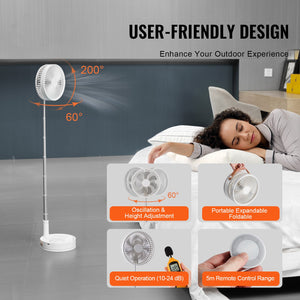 Foldable Oscillating Fan 8 Inch | Rechargeable 7200mAh Portable Desk & Floor Fan with Remote | 4 Speeds | Quiet Operation