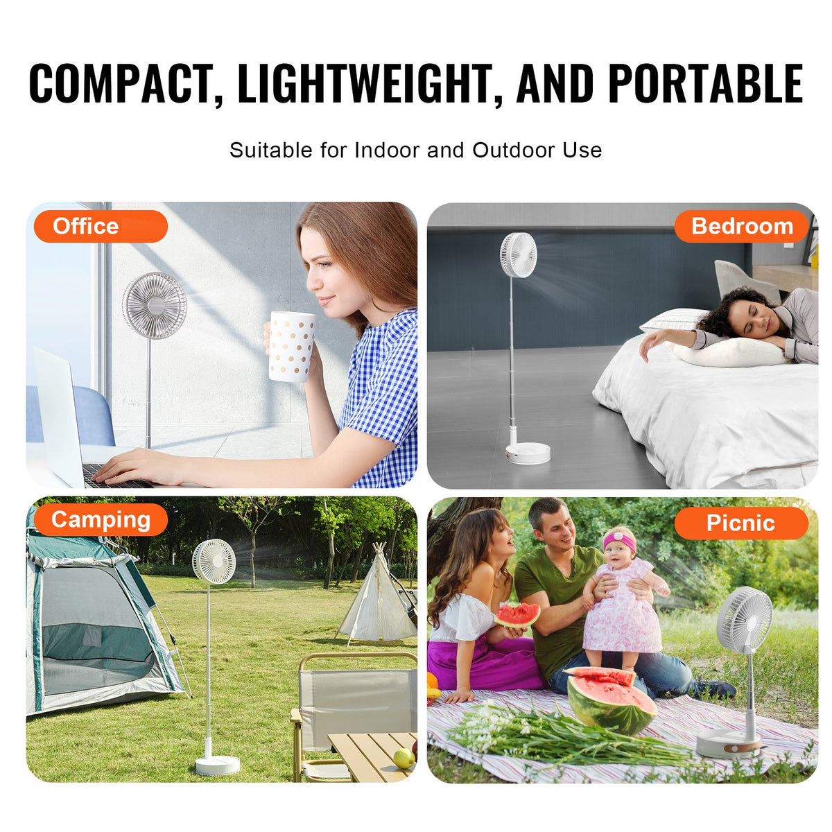 Foldable Oscillating Fan 8 Inch | Rechargeable 7200mAh Portable Desk & Floor Fan with Remote | 4 Speeds | Quiet Operation