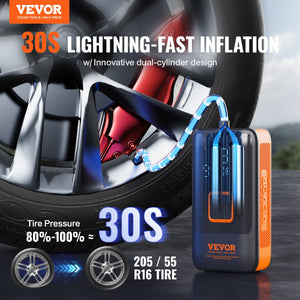 Portable Tire Inflator | Dual Cylinder 12000mAh Rechargeable Air Pump | 30s Fast Inflation | LCD Gauge | Auto-Off | For Car, Motorcycle & Bike