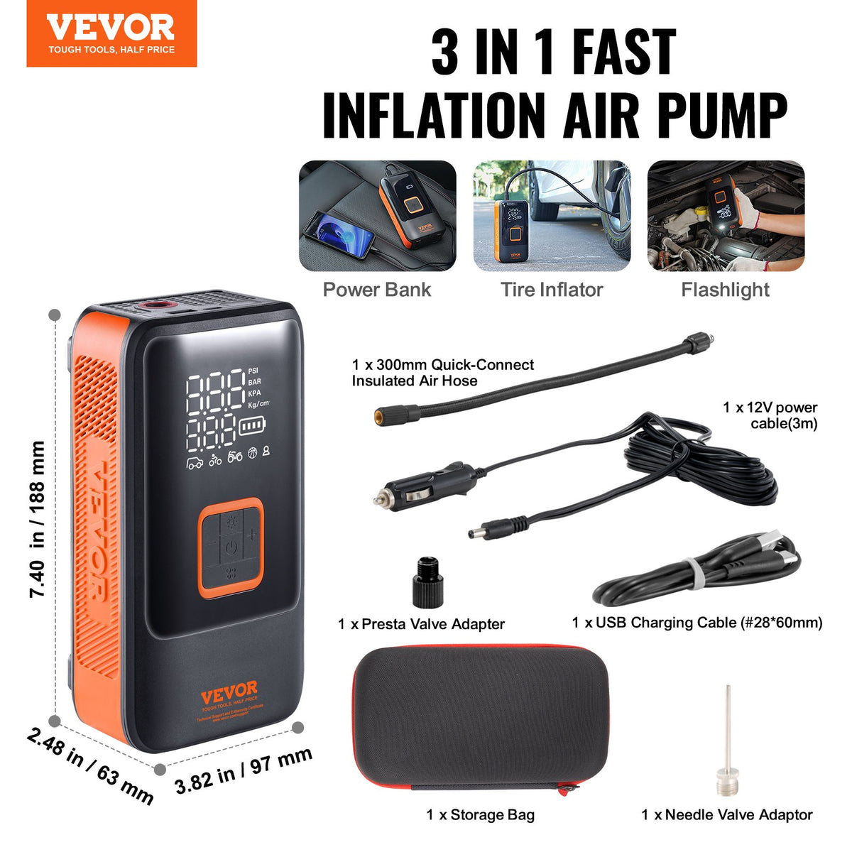 Portable Tire Inflator | Dual Cylinder 12000mAh Rechargeable Air Pump | 30s Fast Inflation | LCD Gauge | Auto-Off | For Car, Motorcycle & Bike
