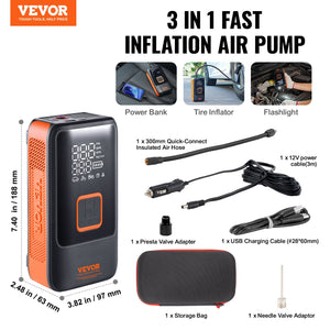 Portable Tire Inflator | Dual Cylinder 12000mAh Rechargeable Air Pump | 30s Fast Inflation | LCD Gauge | Auto-Off | For Car, Motorcycle & Bike