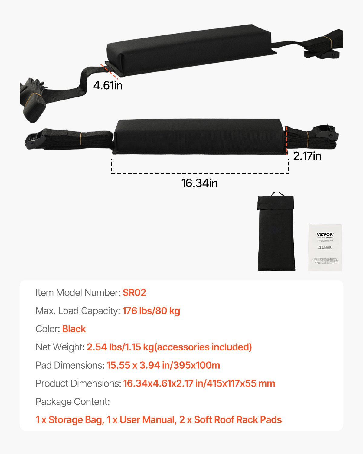 Soft Roof Rack Pads | 15.5" 176lb Load Capacity for Kayak, Canoe, Surfboard