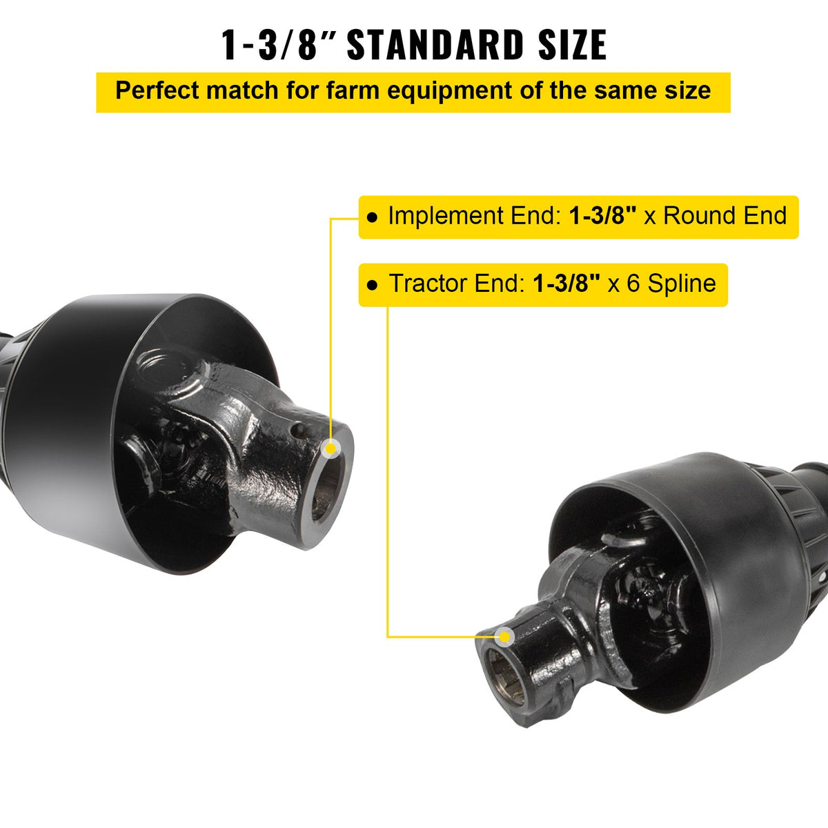 PTO Shaft | 1-3/8" x 6 Spline Ends Round End T4 | Adjustable 43"-61" Tractor Drive Shaft