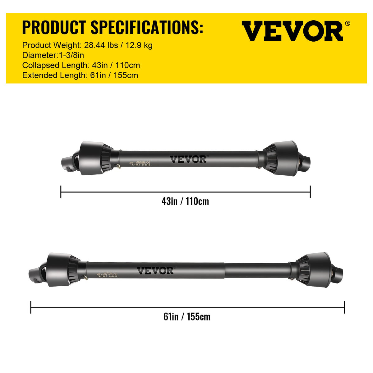 PTO Shaft | 1-3/8" x 6 Spline Ends Round End T4 | Adjustable 43"-61" Tractor Drive Shaft