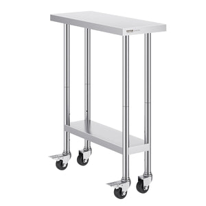 Stainless Steel Work Table | 30x12x38" Food Prep Table with 4 Wheels | Adjustable Height Levels for Commercial Kitchen