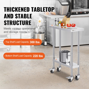Stainless Steel Work Table | 30x12x38" Food Prep Table with 4 Wheels | Adjustable Height Levels for Commercial Kitchen