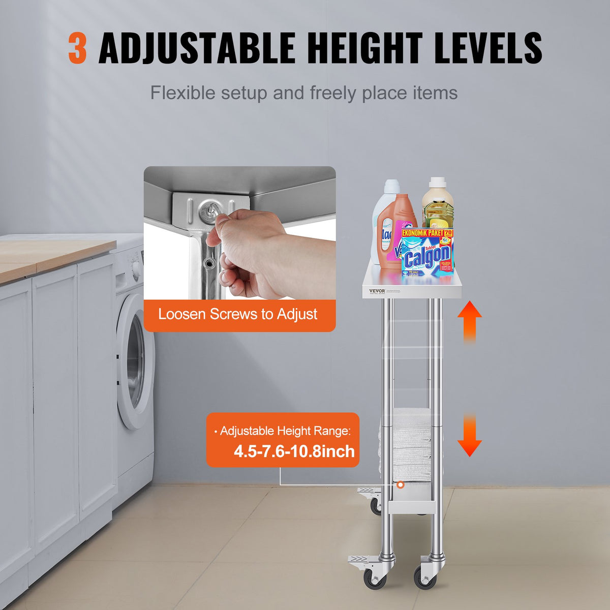 Stainless Steel Work Table | 30x12x38" Food Prep Table with 4 Wheels | Adjustable Height Levels for Commercial Kitchen