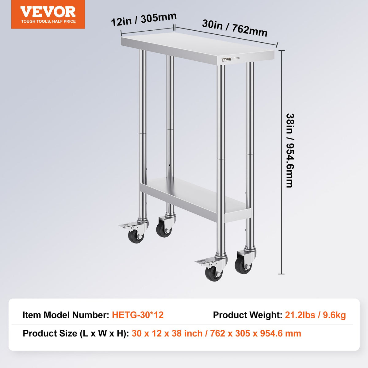 Stainless Steel Work Table | 30x12x38" Food Prep Table with 4 Wheels | Adjustable Height Levels for Commercial Kitchen